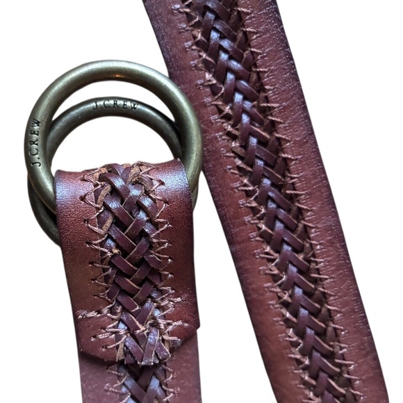 J. Crew Vintage Braided Brown Leather Brass Double O Ring Belt - Picture 2 of 4